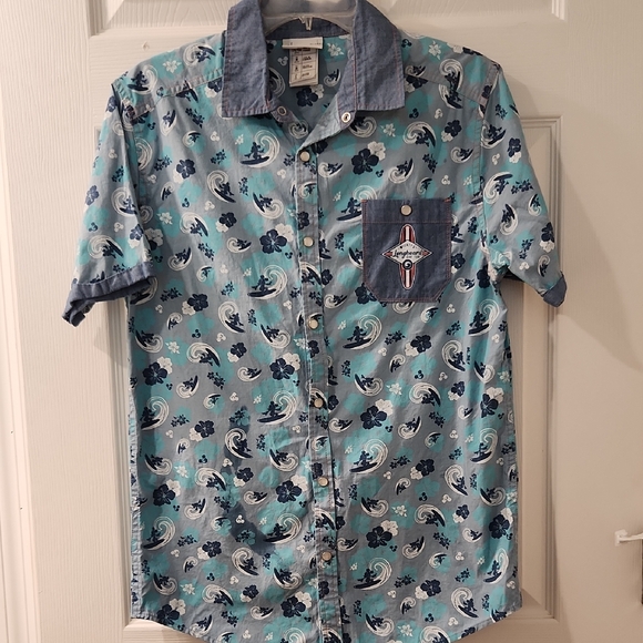 Disney Other - Disney' Mickey Mouse Blue and White Casual Pearl Snap Button Down Shirt